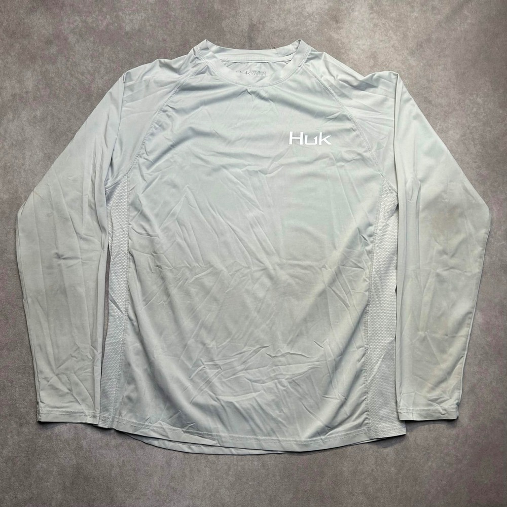 Huk Mens Medium Gray Long Sleeve Fishing Shirt American Flag Graphic stained*